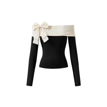 BEAUDRM Women’s Colorblock Off Shoulder Bow Front Tee - Chic & Versatile Casual Wear