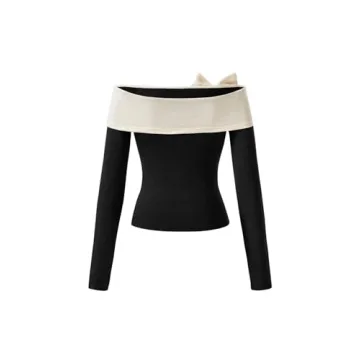 BEAUDRM Colorblock Off Shoulder Bow Front Tee - Stylish Comfort