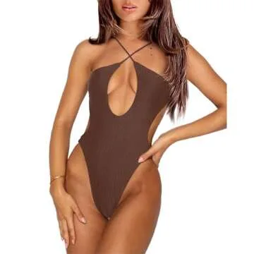 HYPERFIRE Women's Sexy Criss Cross Halter Ribbed Bathing Suit Cut Out Backless Monokini Swimsuits One Piece Ribbed Brown X-Small