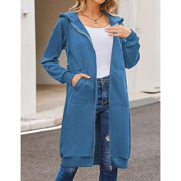ELESOL Women's Casual Loose Zip up Long Hoodies Sweatshirt Outerwear Jacket Tunic Coat Pockets, Blue Large