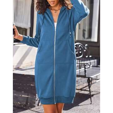 ELESOL Women's Casual Loose Zip up Long Hoodies Sweatshirt Outerwear Jacket Tunic Coat Pockets, Blue Large
