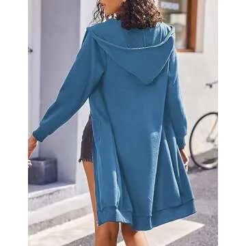 ELESOL Women's Casual Loose Zip up Long Hoodies Sweatshirt Outerwear Jacket Tunic Coat Pockets, Blue Large