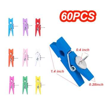 Push Pin Clips for Cork Board, 60 Pcs Colorful Push Pins with Wooden Clips Decorative Assorted Color...