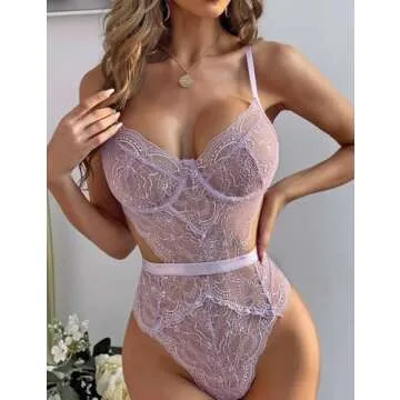 Aranmei Women Sexy Lingerie Bodysuit Lace Teddy Snap Crotch V Neck One Piece Babydoll Underwire(Ligh...