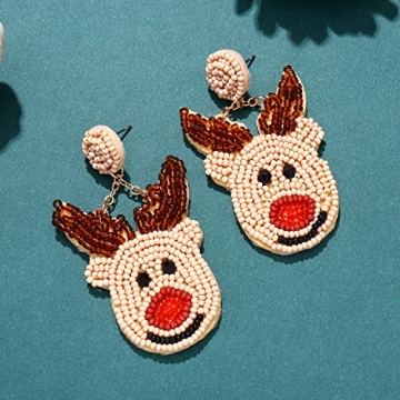 Christmas Earrings for Women Beaded Holiday Reindeer Bulb Boot Earrings Handmade Christmas Tree Drop Dangle Earrings Festive Jewelry Gifts (Reindeer)