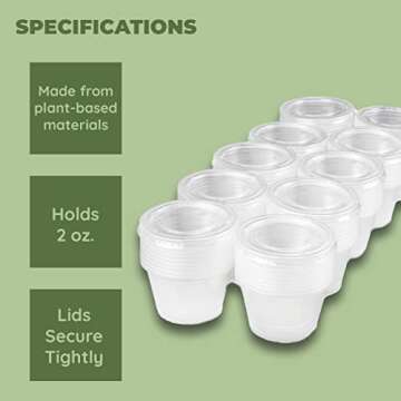 Jacent Compostable Condiment Cups with Lids, 2 oz Sauce Cups, 100 Sets per Pack: Eco-friendly for Salad Dressings, Charcuterie, Snacks and Samples