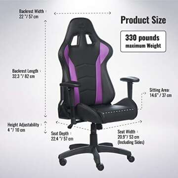 Cooler Master Caliber R1 Gaming Chair for Computer Game, Office and Racing Style Gamer, Comfy Ergonomic Reclining High Back Desk Chairs with Arms & Seat Adjustment Lumbar Support PU Leather, Purple