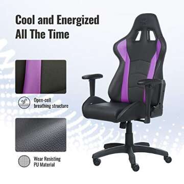 Cooler Master Caliber R1 Gaming Chair for Computer Game, Office and Racing Style Gamer, Comfy Ergonomic Reclining High Back Desk Chairs with Arms & Seat Adjustment Lumbar Support PU Leather, Purple