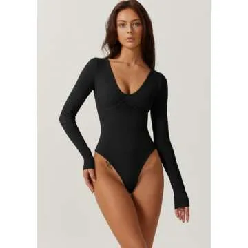 QINSEN Women's Slimming Fit Long Sleeve V Neck Bodysuit