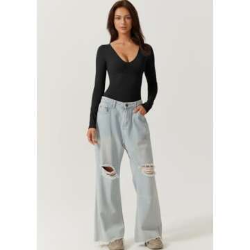 QINSEN Women's Slimming Fit Long Sleeve V Neck Bodysuit