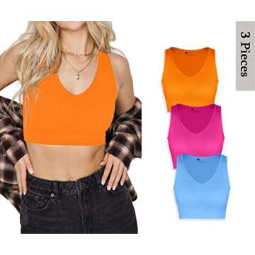 CHYRII Womens 3 Pack Summer Sexy V Neck Racerback Workout Tops Seamless Ribbed Basic Tank Crop Tops Orange Blue Hot Pink S