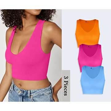 CHYRII Womens 3 Pack Summer Sexy V Neck Racerback Workout Tops Seamless Ribbed Basic Tank Crop Tops Orange Blue Hot Pink S