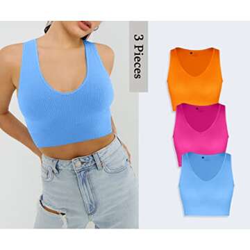 CHYRII Womens 3 Pack Summer Sexy V Neck Racerback Workout Tops Seamless Ribbed Basic Tank Crop Tops Orange Blue Hot Pink S