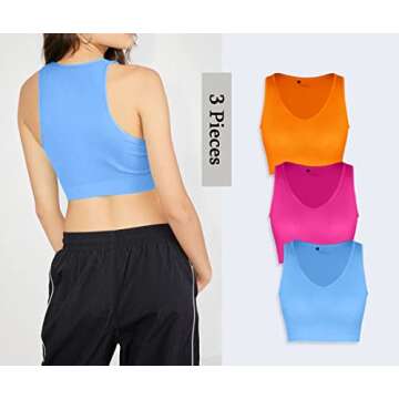 CHYRII Womens 3 Pack Summer Sexy V Neck Racerback Workout Tops Seamless Ribbed Basic Tank Crop Tops Orange Blue Hot Pink S