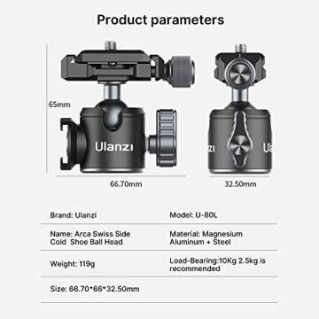 Tripod Ball Head ULANZI U-80L Camera Quick Release Metal Ball Head Camera Mount Arca Swiss 360° Rotating with Quick Release Plate & Cold Shoe, 22lbs/10kg Load for 1/4" Tripod,Monopod,DSLR,Camera