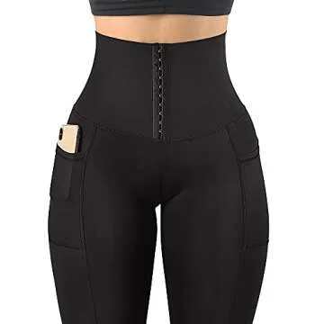 MOOSLOVER Women Corset High Waisted Leggings with Pockets Tummy Control Body Shaper Yoga Pants(M,Black)