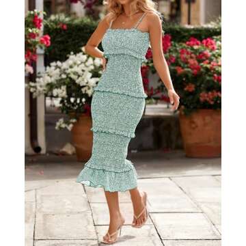 dowerme Women Summer Casual Floral Midi Smocked Bodycon Dresses Spaghetti Strap Square Neck Ruffle Mermaid Prom Dress(Green,Small)