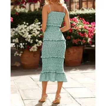 dowerme Women Summer Casual Floral Midi Smocked Bodycon Dresses Spaghetti Strap Square Neck Ruffle Mermaid Prom Dress(Green,Small)