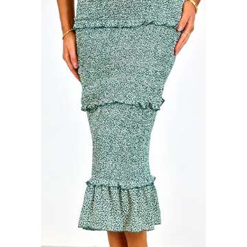 dowerme Women Summer Casual Floral Midi Smocked Bodycon Dresses Spaghetti Strap Square Neck Ruffle Mermaid Prom Dress(Green,Small)