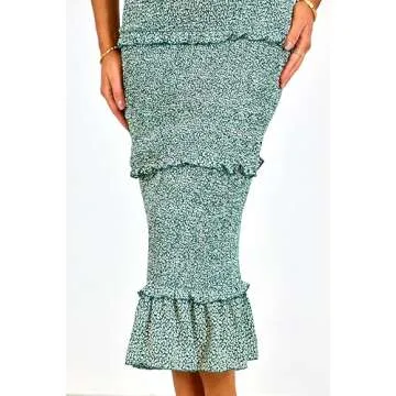 dowerme Women Summer Casual Floral Midi Smocked Bodycon Dresses Spaghetti Strap Square Neck Ruffle Mermaid Prom Dress(Green,Small)