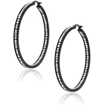 Gem Stone King 2 Inch Stunning Stainless Steel Black High Shine Inside-Out Hoop Earrings For Women With CZ