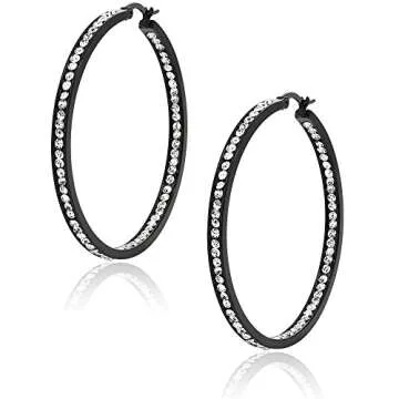 Gem Stone King 2 Inch Stunning Stainless Steel Black High Shine Inside-Out Hoop Earrings For Women With CZ