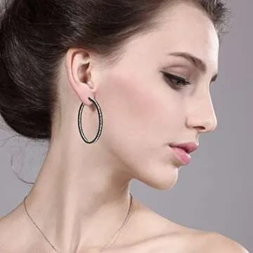 Gem Stone King 2 Inch Stunning Stainless Steel Black High Shine Inside-Out Hoop Earrings For Women With CZ