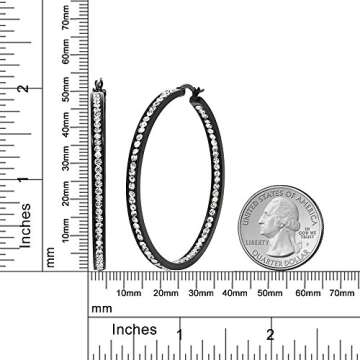 Gem Stone King 2 Inch Stunning Stainless Steel Black High Shine Inside-Out Hoop Earrings For Women With CZ