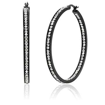 Gem Stone King 2 Inch Stunning Stainless Steel Black High Shine Inside-Out Hoop Earrings For Women With CZ