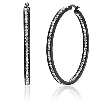 Gem Stone King 2 Inch Stunning Stainless Steel Black High Shine Inside-Out Hoop Earrings For Women With CZ