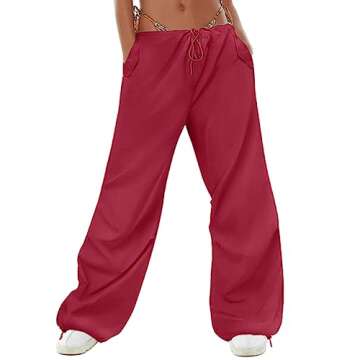 LAOARA Parachute Pant Women Cargo Pants with 3 Pockets Drawstring Y2K Low Waist Baggy Pants Relaxed Loose Jogger Track Pant Red S
