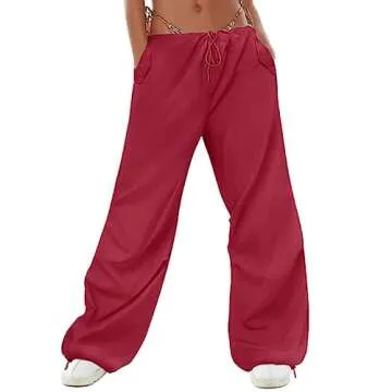 LAOARA Parachute Pant Women Cargo Pants with 3 Pockets Drawstring Y2K Low Waist Baggy Pants Relaxed Loose Jogger Track Pant Red S