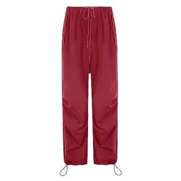 LAOARA Parachute Pant Women Cargo Pants with 3 Pockets Drawstring Y2K Low Waist Baggy Pants Relaxed Loose Jogger Track Pant Red S