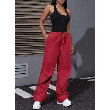 LAOARA Parachute Pant Women Cargo Pants with 3 Pockets Drawstring Y2K Low Waist Baggy Pants Relaxed Loose Jogger Track Pant Red S