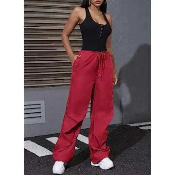 LAOARA Parachute Pant Women Cargo Pants with 3 Pockets Drawstring Y2K Low Waist Baggy Pants Relaxed Loose Jogger Track Pant Red S