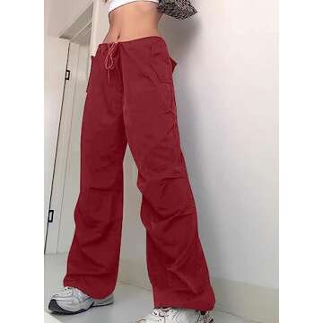 LAOARA Parachute Pant Women Cargo Pants with 3 Pockets Drawstring Y2K Low Waist Baggy Pants Relaxed Loose Jogger Track Pant Red S