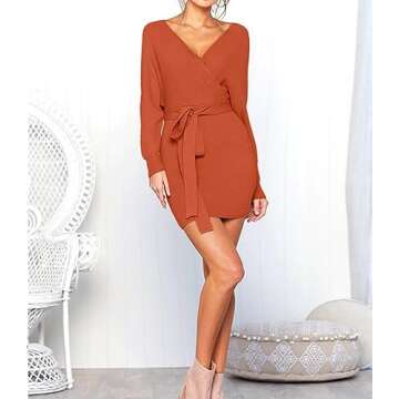 Mansy Women's Sexy Cocktail Batwing Long Sleeve Backless Mock Wrap Knit Sweater Mini Dress Orange
