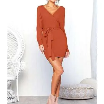 Mansy Women's Sexy Cocktail Batwing Long Sleeve Backless Mock Wrap Knit Sweater Mini Dress Orange