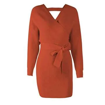 Mansy Women's Sexy Cocktail Batwing Long Sleeve Backless Mock Wrap Knit Sweater Mini Dress Orange