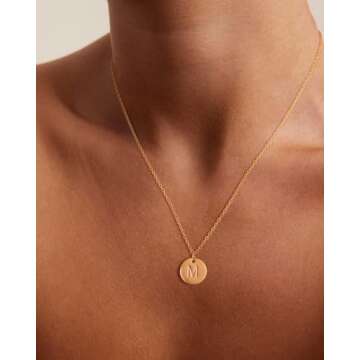 Bemoly Initial Necklace for Women Round 11MM Coin Disc Double Side Engraved Letter M Hammered Pendan...