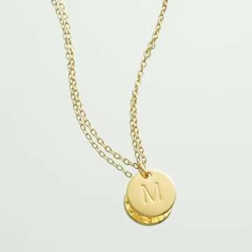 Bemoly Initial Necklace for Women Round 11MM Coin Disc Double Side Engraved Letter M Hammered Pendant 14K Gold Plated Personalized Alphabet Birthday Jewelry 17.5"