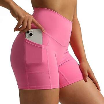 Aoxjox Biker Workout Shorts for Women with Pocket Legend Tummy Control High Waisted Athletic Gym Running Yoga Short 5" (Azalea Pink, Medium)