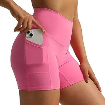 Aoxjox Biker Workout Shorts for Women with Pocket Legend Tummy Control High Waisted Athletic Gym Running Yoga Short 5" (Azalea Pink, Medium)