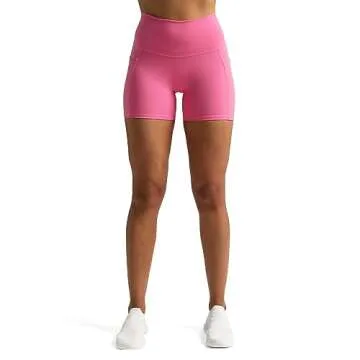 Aoxjox Biker Workout Shorts for Women with Pocket Legend Tummy Control High Waisted Athletic Gym Running Yoga Short 5" (Azalea Pink, Medium)