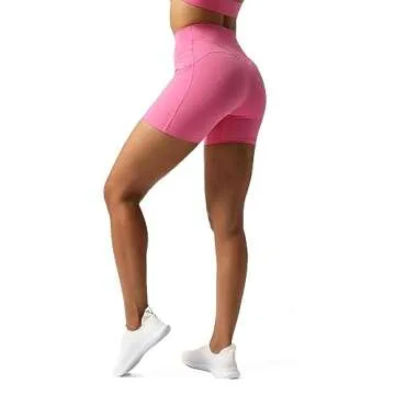 Aoxjox Biker Workout Shorts for Women with Pocket Legend Tummy Control High Waisted Athletic Gym Running Yoga Short 5" (Azalea Pink, Medium)