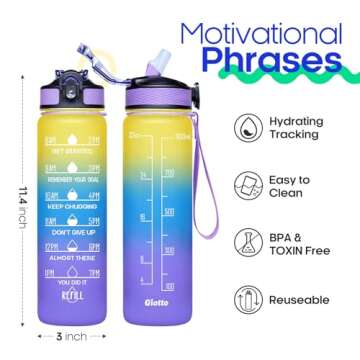 Giotto 32oz Large Leakproof BPA Free Drinking Water Bottle with Time Marker & Straw to Ensure You Drink Enough Water Throughout The Day for Fitness and Outdoor Enthusiasts-Ombre Yellow Purple
