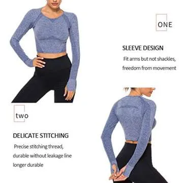 FITTOO Women's Long Sleeves Workout Crop Tops Seamless Sports Shirts Fitness Activewear Blue S
