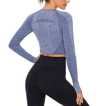 FITTOO Women's Long Sleeves Workout Crop Tops Seamless Sports Shirts Fitness Activewear Blue S