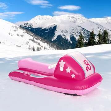 FUNBOY & Barbie 50" Kids Inflatable Skimobile Winter Snow Sled, 1-2 Riders with Grooved Rubber Base ...