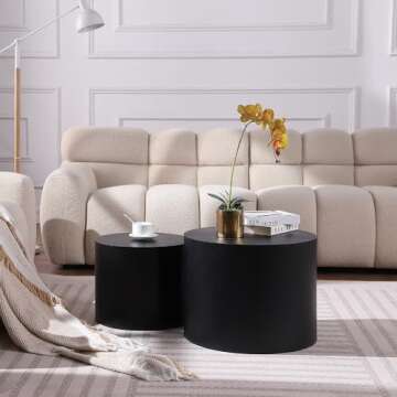WILLIAMSPACE Nesting Coffee Table Set of 2, Black Round Wooden Modern Circle Table for Small Space Living Room Bedroom Accent End Side Table (Black-Round)